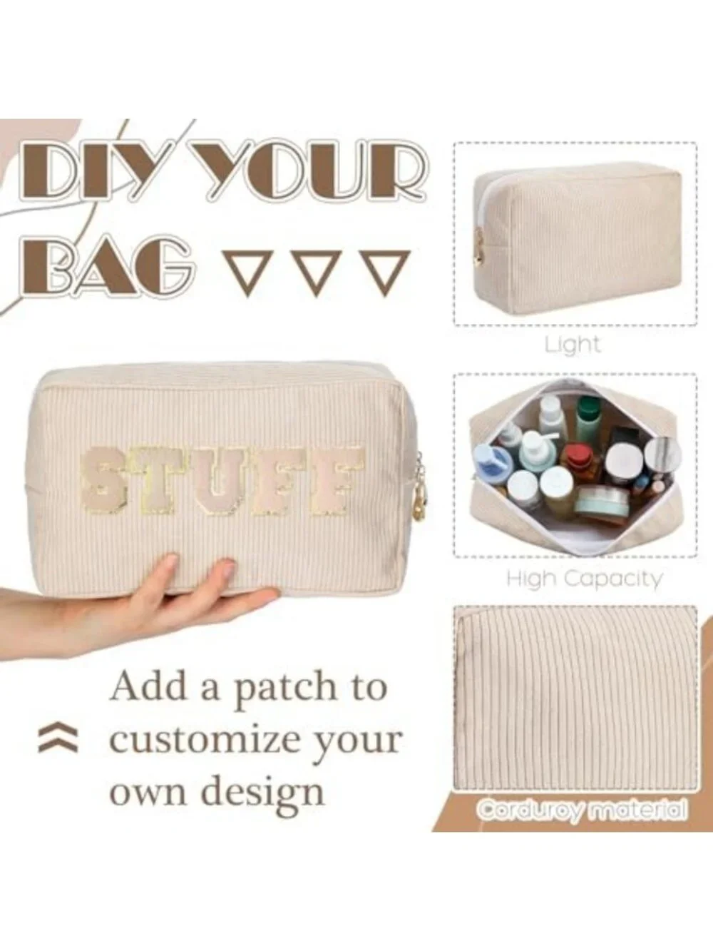 12 Pcs Large Corduroy Makeup Bags - Stylish DIY Cosmetic Pouches in Vibrant